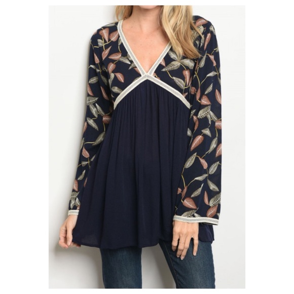 Tops - Navy Leave Print Babydoll Top